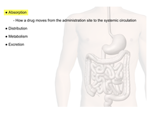 Absorption, distribution, metabolism, and excretion (ADME) is the process in which a drug moves throughout the body.